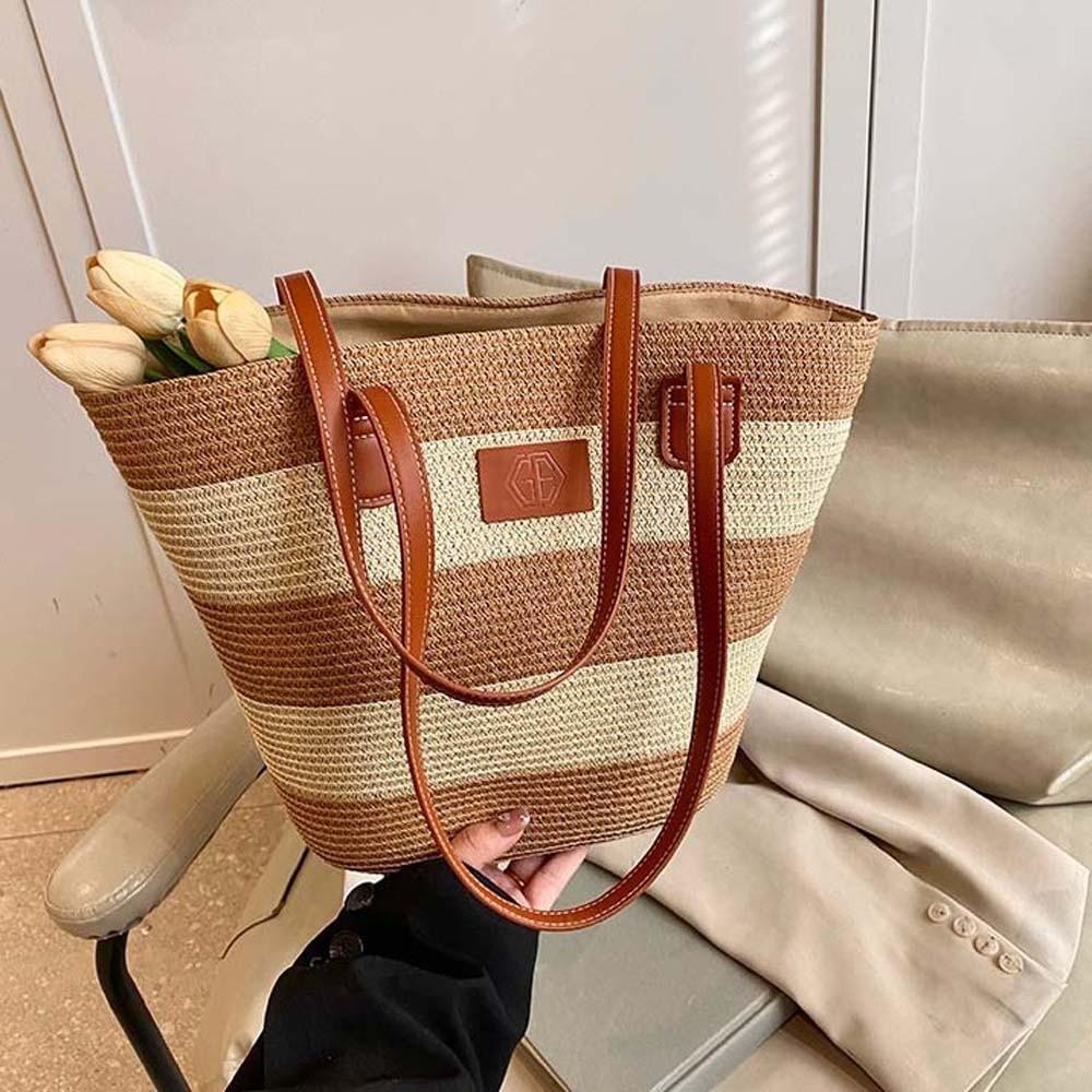 Lightweight Stripe Woven Tote Bag Polyester Summer Beach Handbag Shopping Straw Bag  School