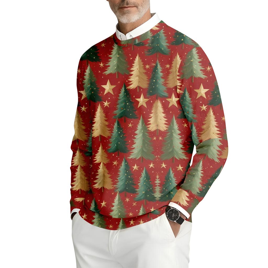 Men's Printed Round Neck Long Sleeve Ribbed Knit Sweatshirt