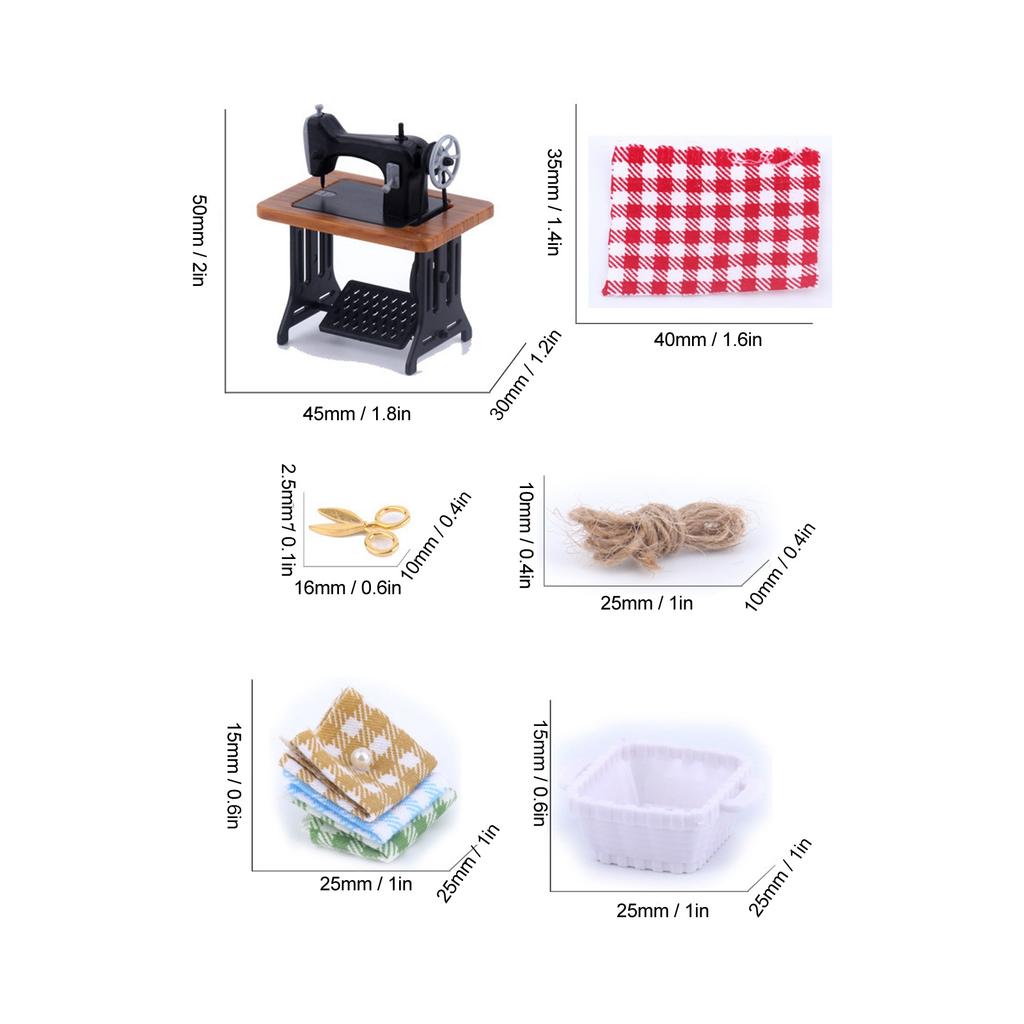 Dollhouse Sewing Machine Model Set Mini Tailor Treadle Ornament Vintage Doll House Furniture Accessories for Mini House Adornment