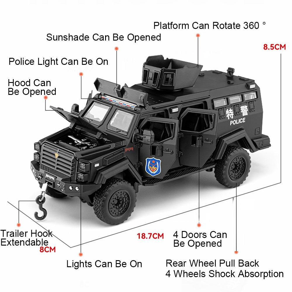 1:32 Scale Sword Toothed Tiger Armored Car Model Toy Wheel Steering Music Light Off-road Police Vehicles Shock Absorption Gifts