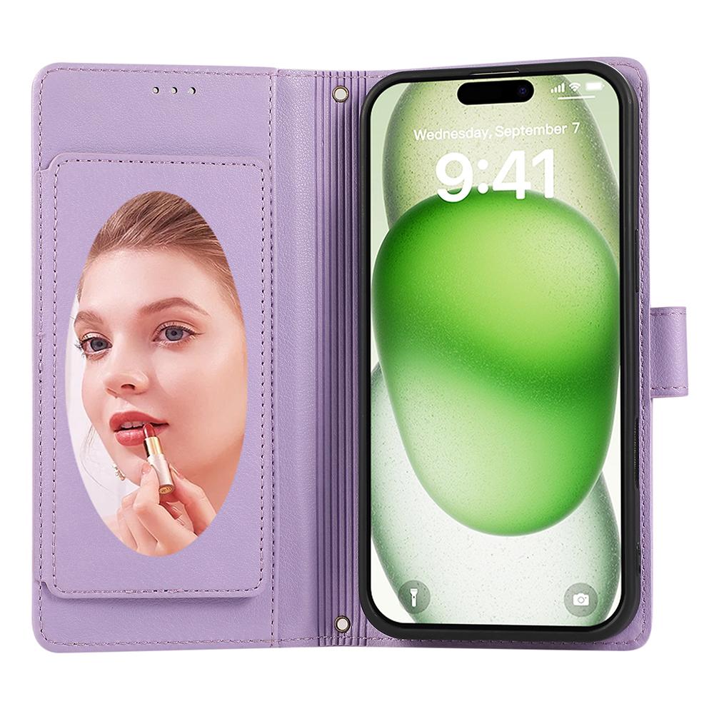 For iPhone 16 Case Multi Card Slots Zipper Leather Phone Cover with Shoulder Strap/Wrist Strap