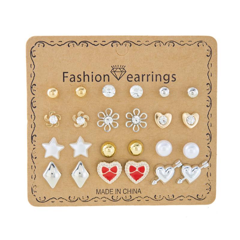 12-Pair Rhinestone Stud Earrings Set: Flower, Heart, Star & Moon Designs