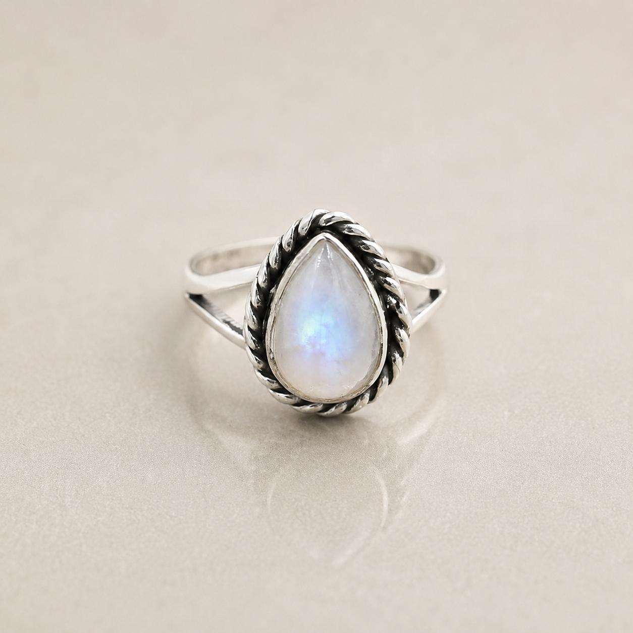 Rainbow Moonstone Pear Statement Ring, 925 Sterling Silver Jewelry, Handmade Bohemian Ring for Women 4 серебряный