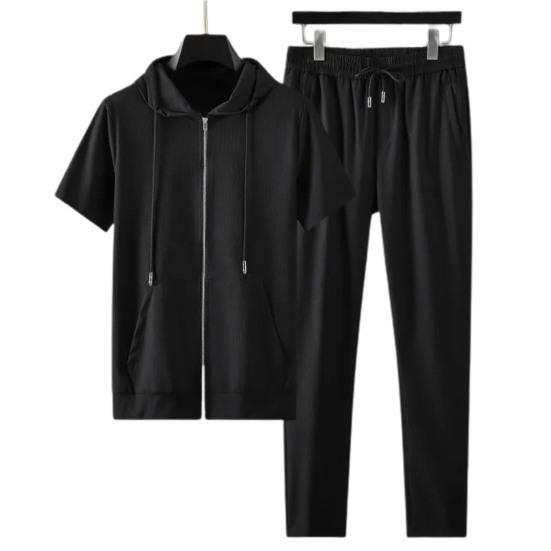 2 Pcs/Set Men Tracksuit Solid Color Drawstring Hooded Elastic Waist Super Breathable T-shirt Pants Set Daily Clothing