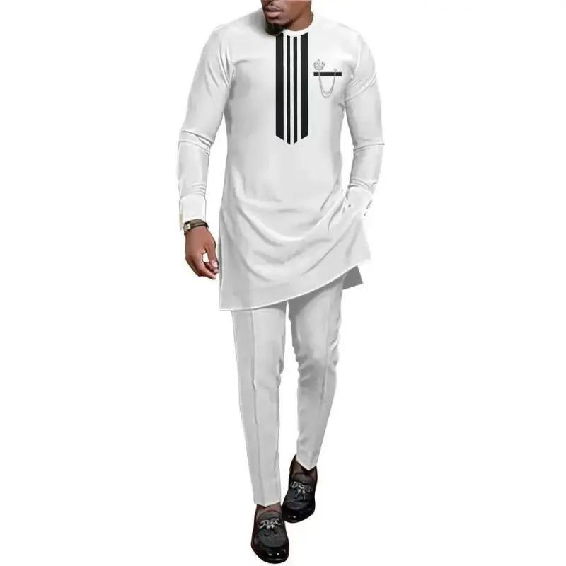 S-4XL Men Dashiki Long Clothes Shirt Trouser Set Mens 2 Pieces Outfit Suit Traditional Male Clothes T-shirt Pant Suits for Men