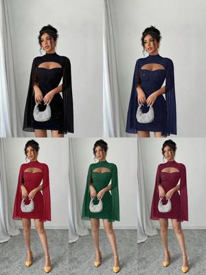European & American Women's Ribbed Pearl Chiffon Cape Dress