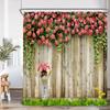 Green Vines Brick Wall Shower Curtain Pink Flowers European Garden Arch Door Bathroom Decorations Vintage Bath Curtain with Hook