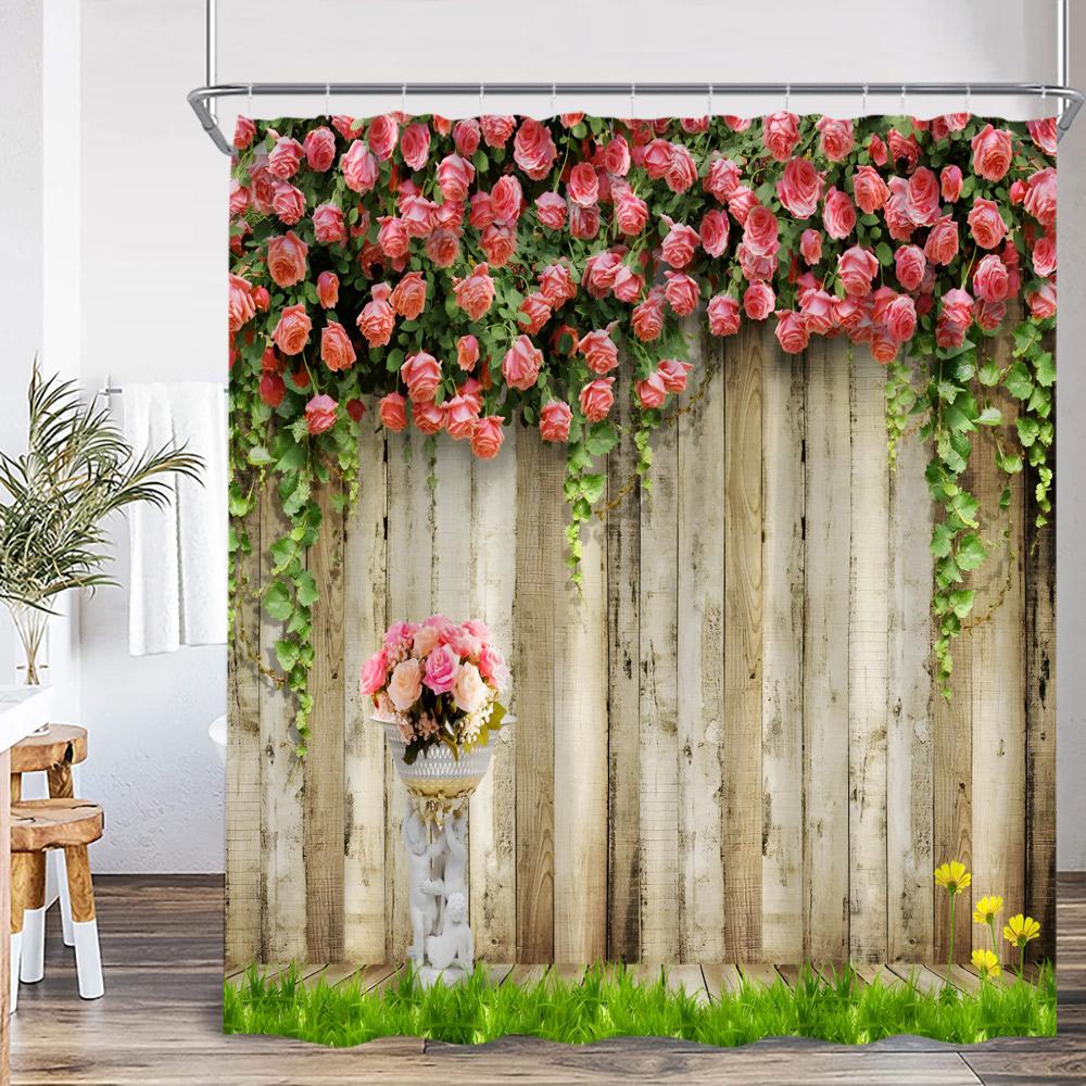 

Green Vines Brick Wall Shower Curtain Pink Flowers European Garden Arch Door Bathroom Decorations Vintage Bath Curtain With Hook W60H190(CM)-1 Pcs
