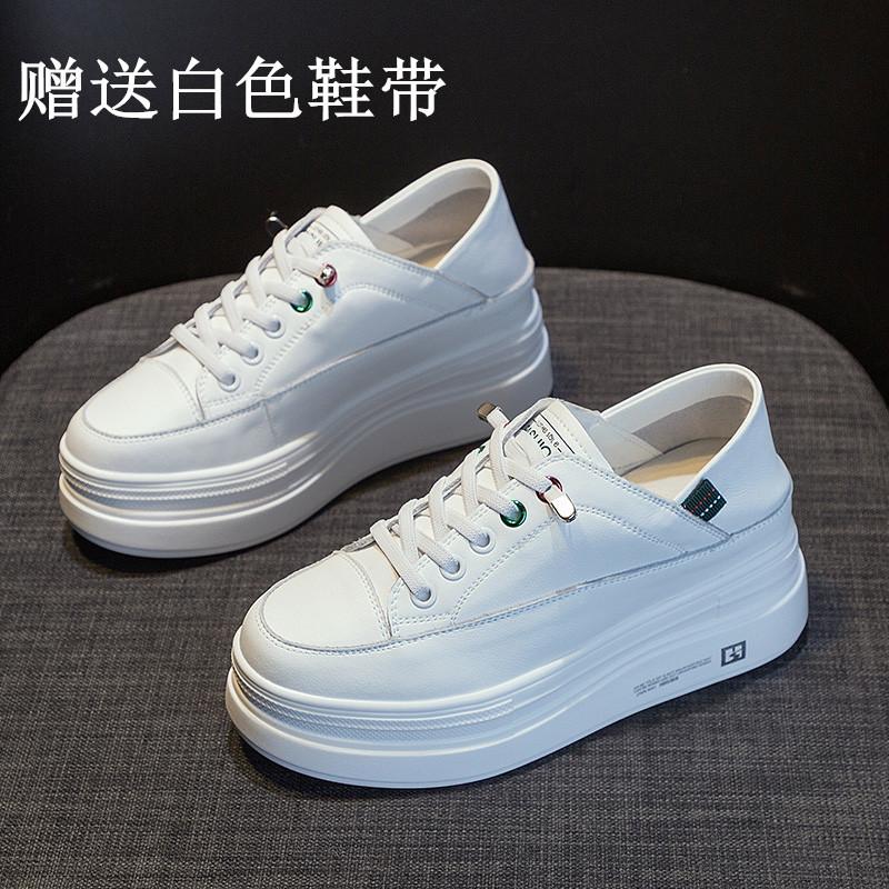 thick-soled little white shoes for women's new muffin shoes, board shoes, one pedal and two wear cowhide inner height-increasing women's single shoes