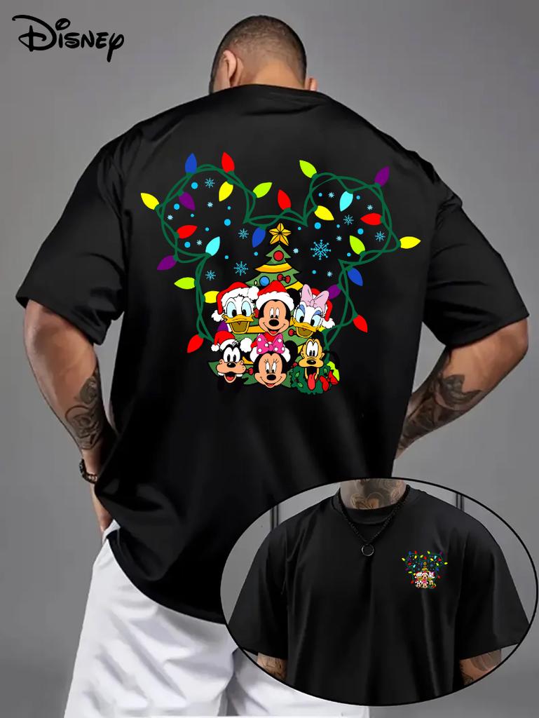 Disney Mickey Christmas Cartoon T-shirt Men Fashion Letter Cartoon Design Breathable and Lightweight Casual Short Sleeve T-shirt