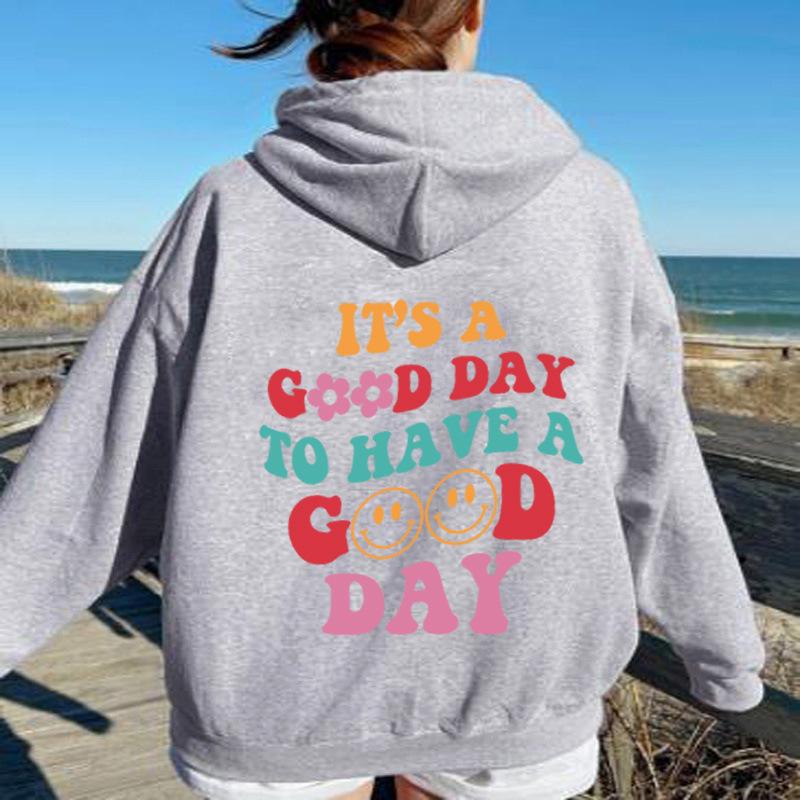 Plus Velvet Sweatshirt with Back Letter Print & Kangaroo Pocket