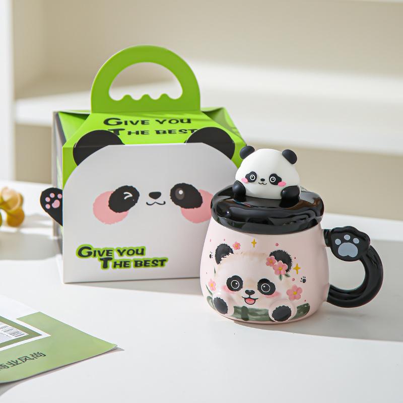 Cartoon Panda Mug with Lid Girl Cute Ceramic Office Home Couple Drinking Water Souvenir Birthday Gift