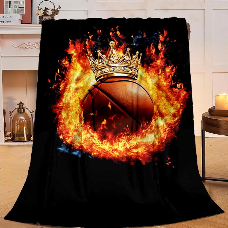 1PC Basketball Crown Fire Sport Flannel Blanket Gift, Suitable for Both Men And Women, Soft Ideal for Beds And Sofa, Birthday Or Christmas Gift