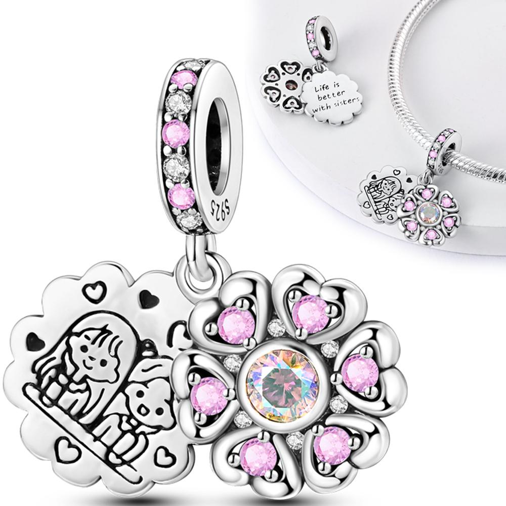 

Charms Plata Pink Flower Sisters Family Affection Beads Fit Original Bracelets Charms For Women Jewelry Diy Making Gifts