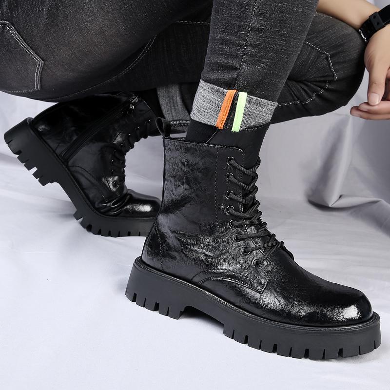 Mode für Männer Casual Naturleder Stiefel schwarz trendige Plateauschuhe Party Bankett Kleider Designer High Boot coole Motorrad Bota