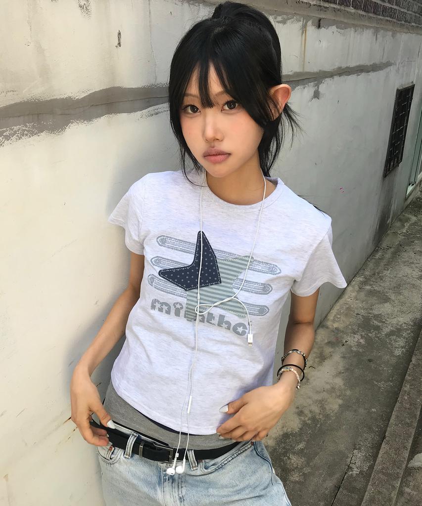 Mimdeowodeulobeu Napoleon Star Crop Patch T-Shirt_Light Gray
