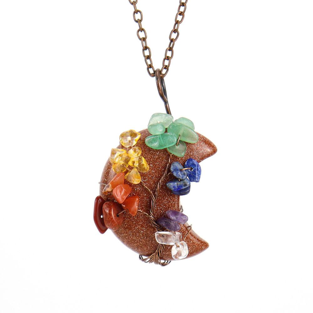 Vintage Handmade Winding Gravel Crystal Tree Of Life Natural Stone Moon Pendant N692