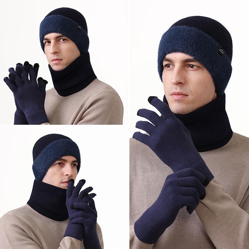 Winter Men's Knitted Hat Scarf Gloves Warm-Keeping Kit Large-Head Velvet Thick Wool Hat