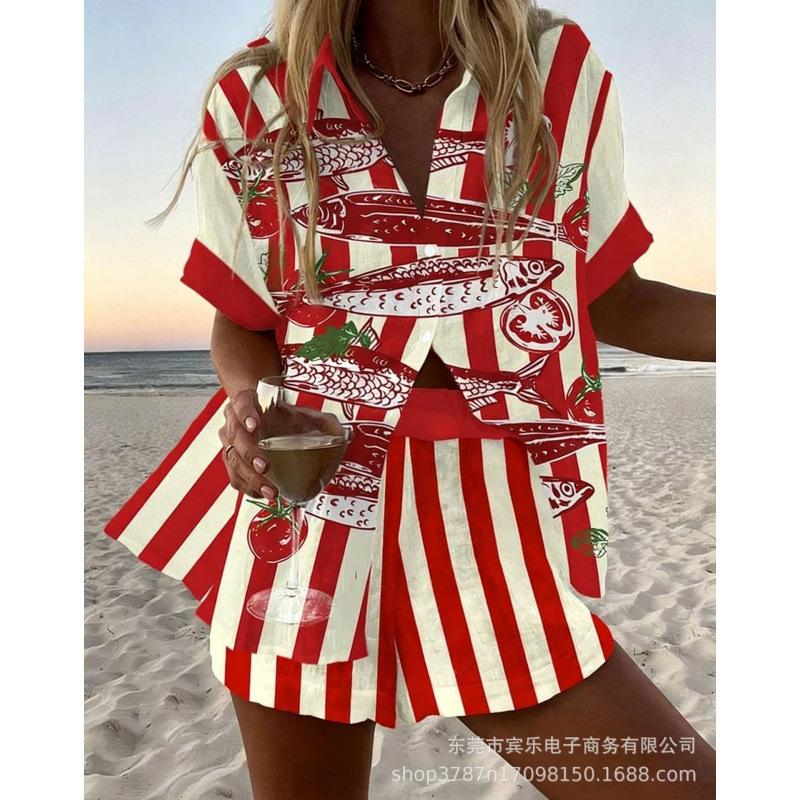 Conjunto de pantalones cortos de playa y camisa de manga corta para mujer, multicolor, vida marina, ocio, vacaciones, conjunto de dos piezas