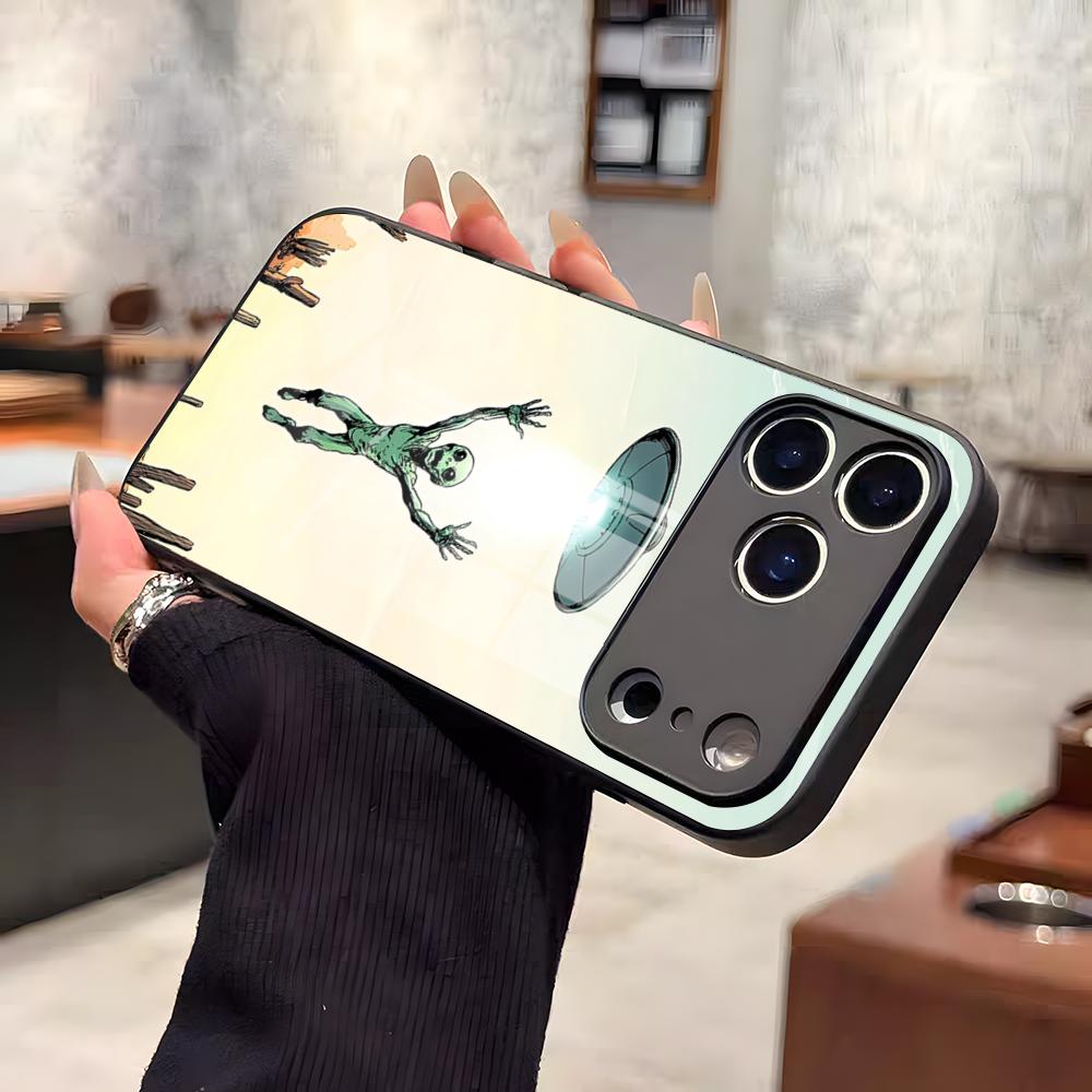 Funny Space UFO Alien Thing Phone Case For IPhone 17 Air 16 E Pro Max 15 14 13 Mini 12 Pro 11 Max Plus Black Glass Cover