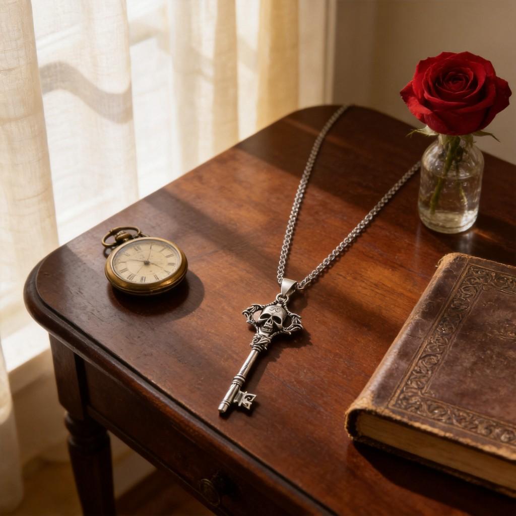 Gothic Vintage Silver Skull Key Necklace With Stainless Steel Chain For Women