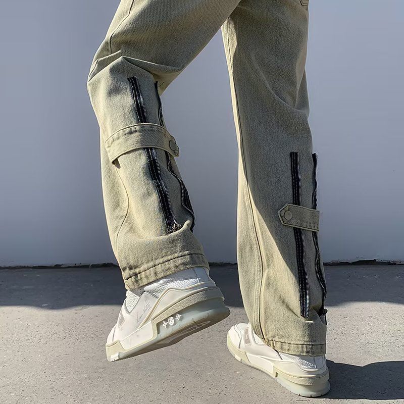 New High Street Zipper Jeans For Men In Summer Retro Handsome Pants Loose Trendy Brand Wide Leg Straight Casual Trousers For Men