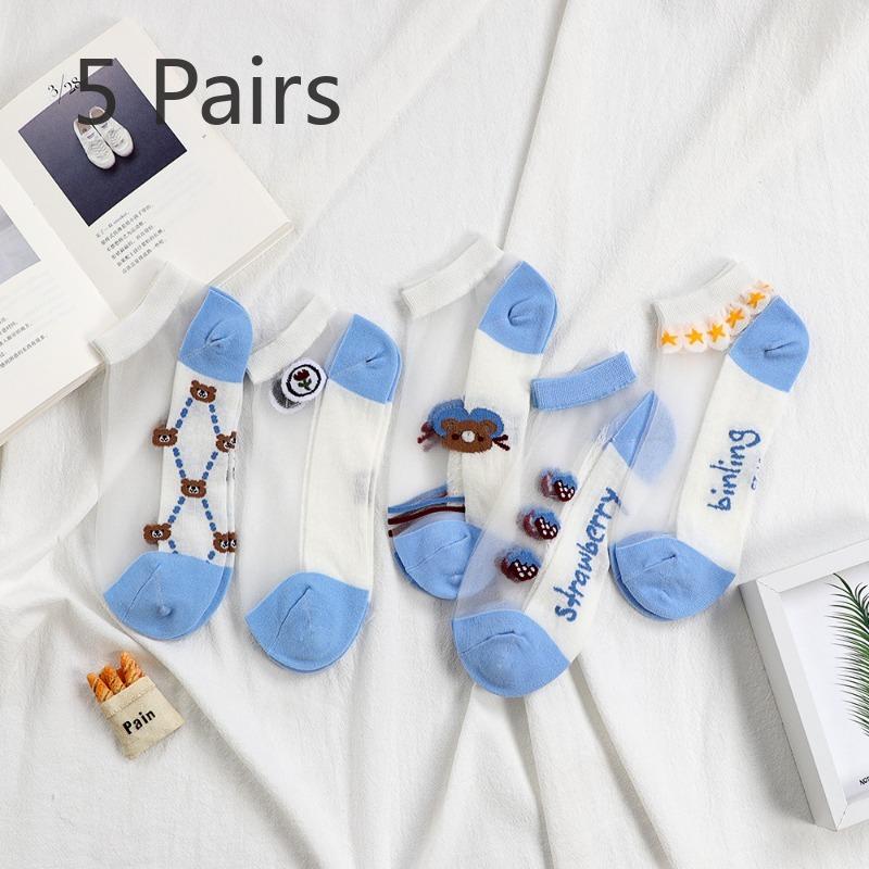 5 Pairs of Women's Summer Thin Cute with Transparent Boat Socks
