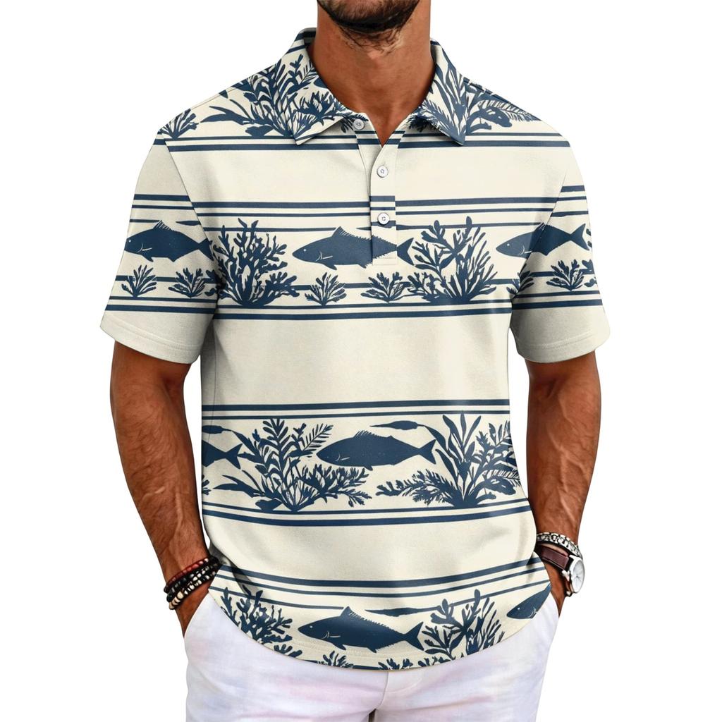 Men's Short Sleeve Polo Shirt Hawaiian Style Loose Fit Casual Top with Print and Classic Collar for Daily Wear