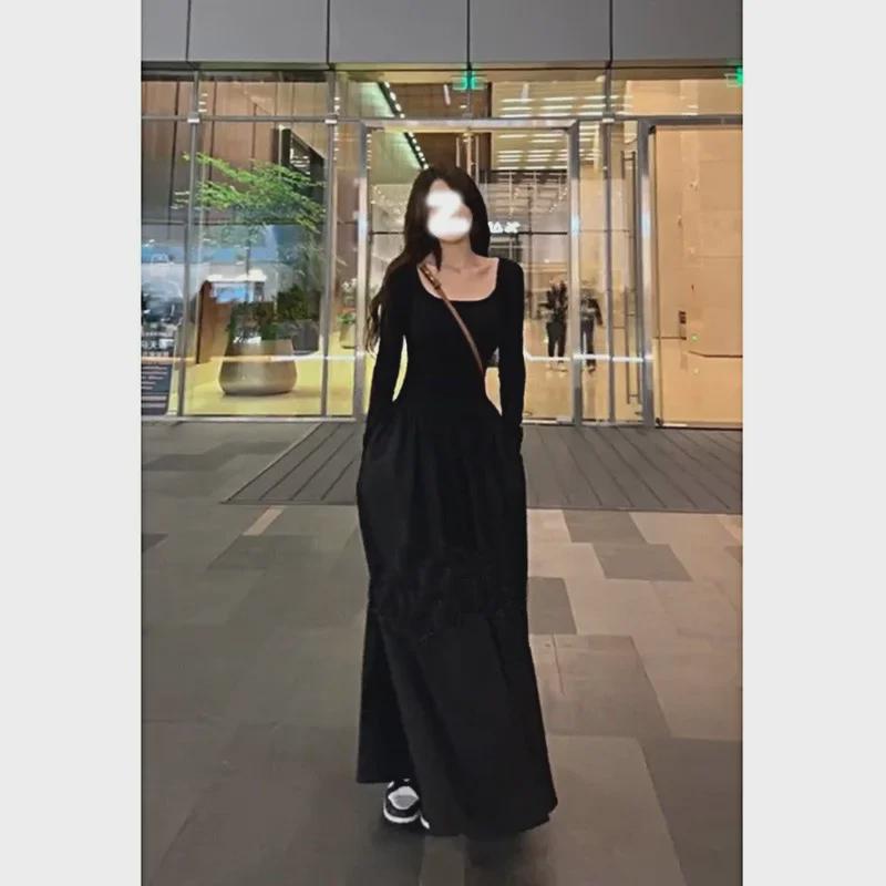French White Long Sleeve Square Neck Women's Hepburn-Style Slim Waist Maxi Skirt for Spring and Autumn