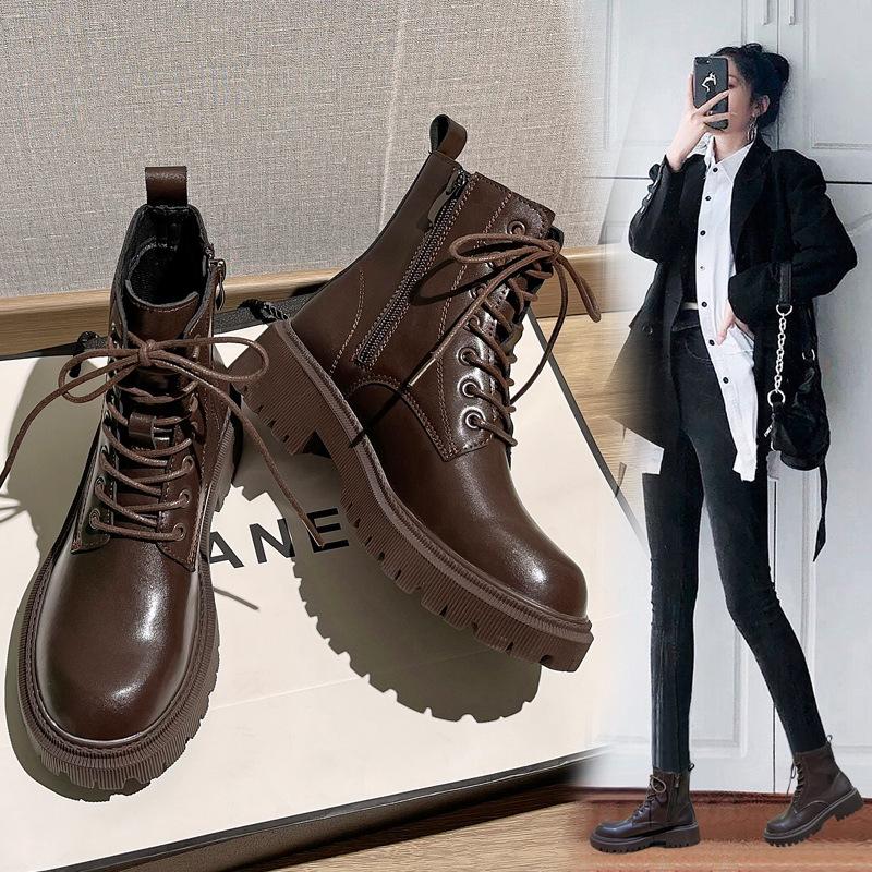 Brown Martin boots women's 2026 new spring and autumn platform short boots winter velvet locomotive boots wear-resistant bottom women's boots