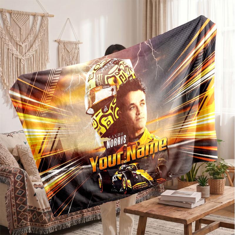 Lando Norris Flannel Blanket, Custom Name Text Personalized Soft Throw Blanket Home Decor Gift