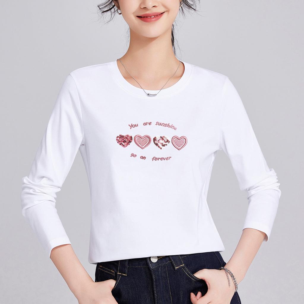 Mercerized cotton long-sleeved women's autumn new love embroidery casual loose and thin large-size top