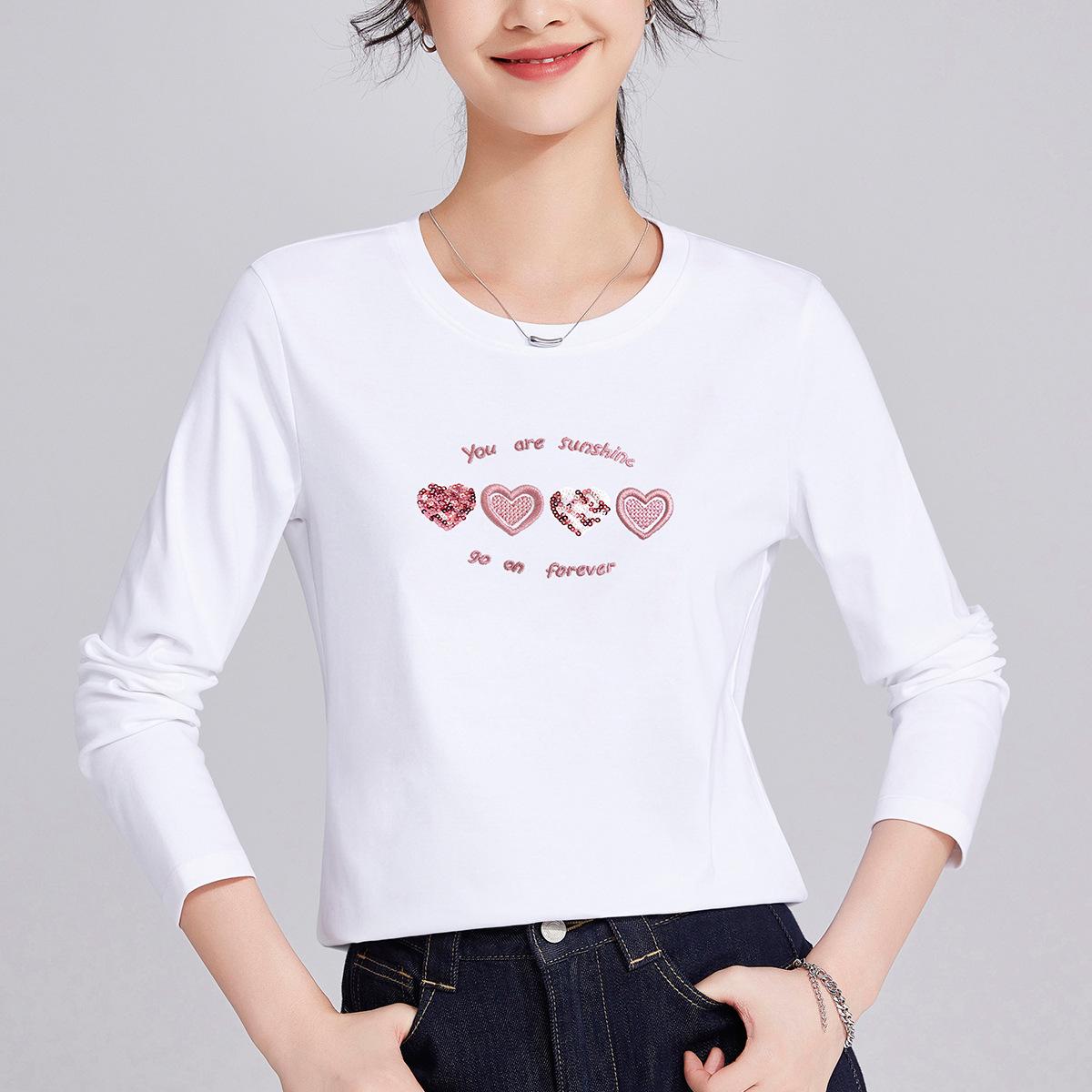 

Mercerized cotton long-sleeved women s autumn new love embroidery casual loose and thin large-size top M белый