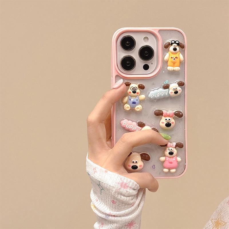 Cartoon puppy mobile phone case for Iphone16Promax transparent Epoxy Apple 15 sequins 17 women's models