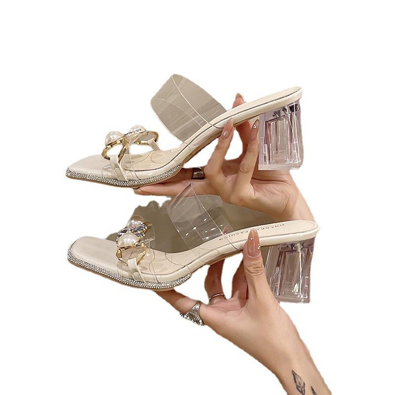 French rhinestone transparent crystal heel sandals women's 2025 summer new thick heel fashion high heel outer wear cool slippers women