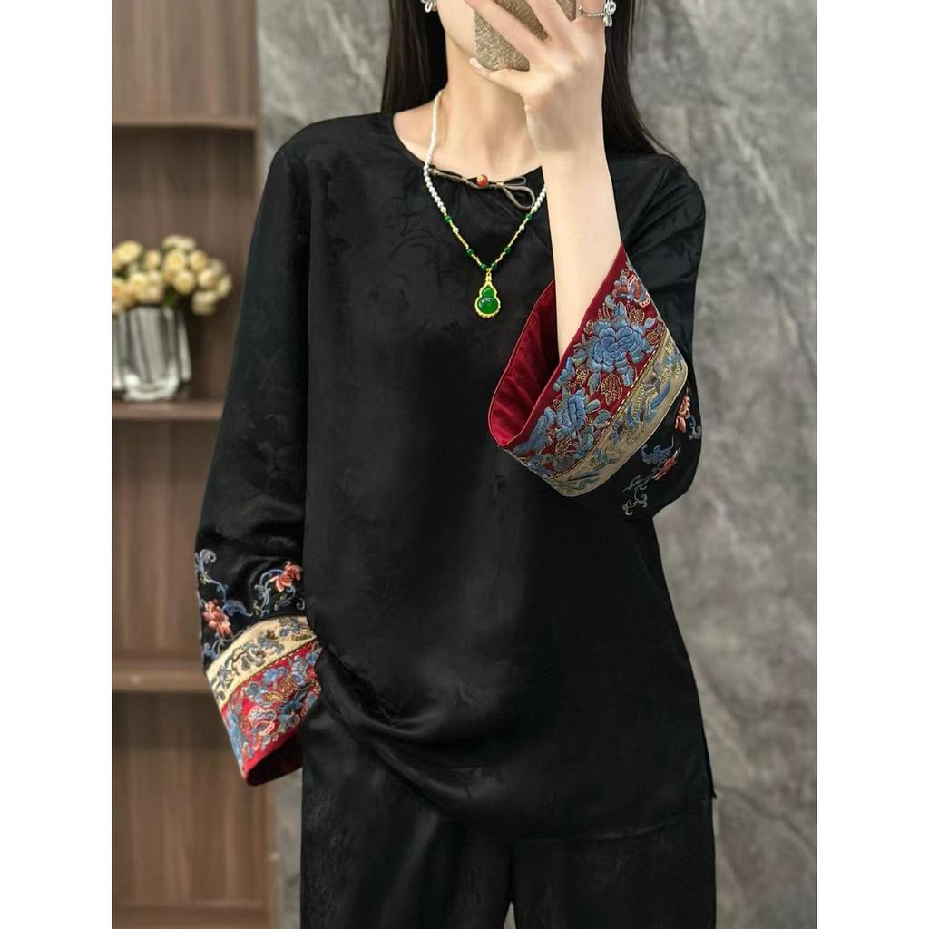 Rong Tai Women's 2026 Spring Frog Button Silk Jacquard Long Sleeve Shirt - Slimming Chinese Style Top