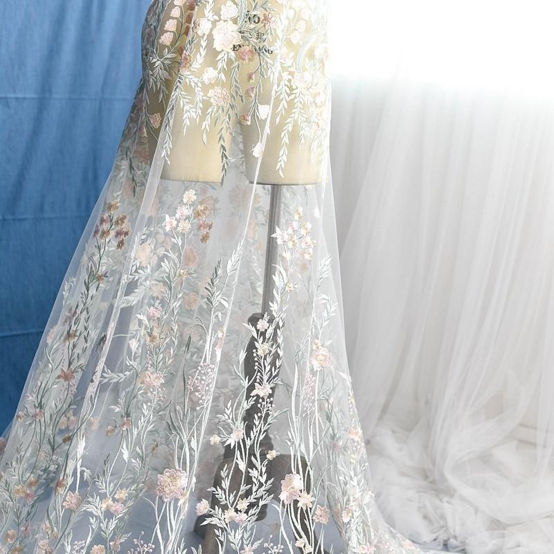 Color Three-Dimensional Branch Embroidery Lace Fabric Wedding Dress Dress Handmade Diy Fabric Mesh Decorative Material Green
