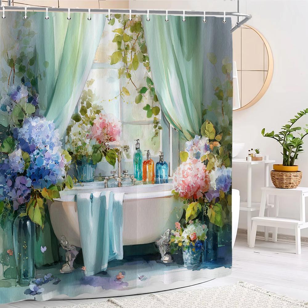 Watercolor Flowers Scenery Outside The Window Shower Curtain,Bathroom Decorative Shower Curtain, Print Fabric Curtain With Hooks