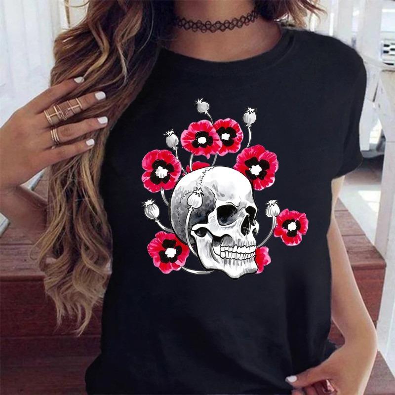 Fashion Skull Flower Print Women T Shirt Summer Casual Short Sleeve O Neck Women Tshirt