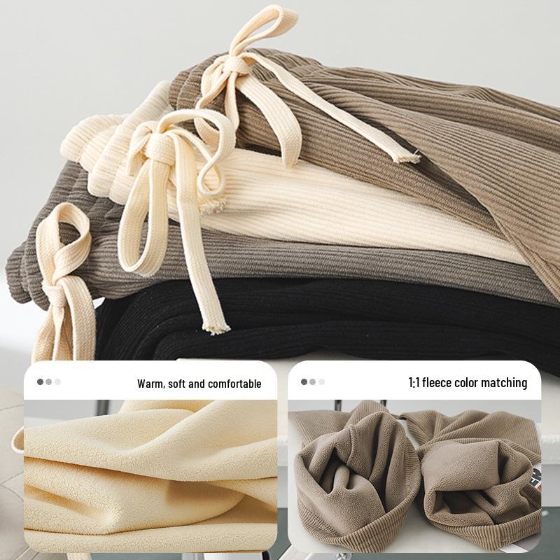 YX Dámské pletené kalhoty se širokými nohavicemi s fleecovou podšívkou - S vysokým pasem, zeštíhlující, žebrované, teplé, podzimní/zimní ležérní oblečení