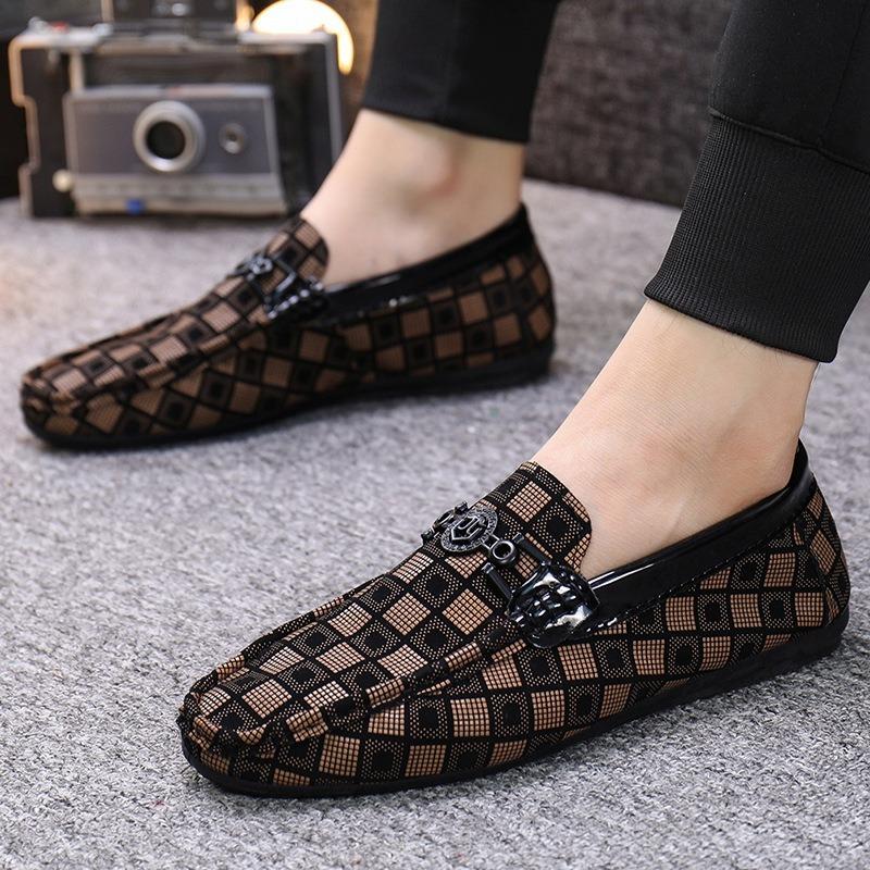 Spring new Doudou shoes men's lazy one-pedal plaid men's shoes trendy shoes leather shoes casual single shoe cloth