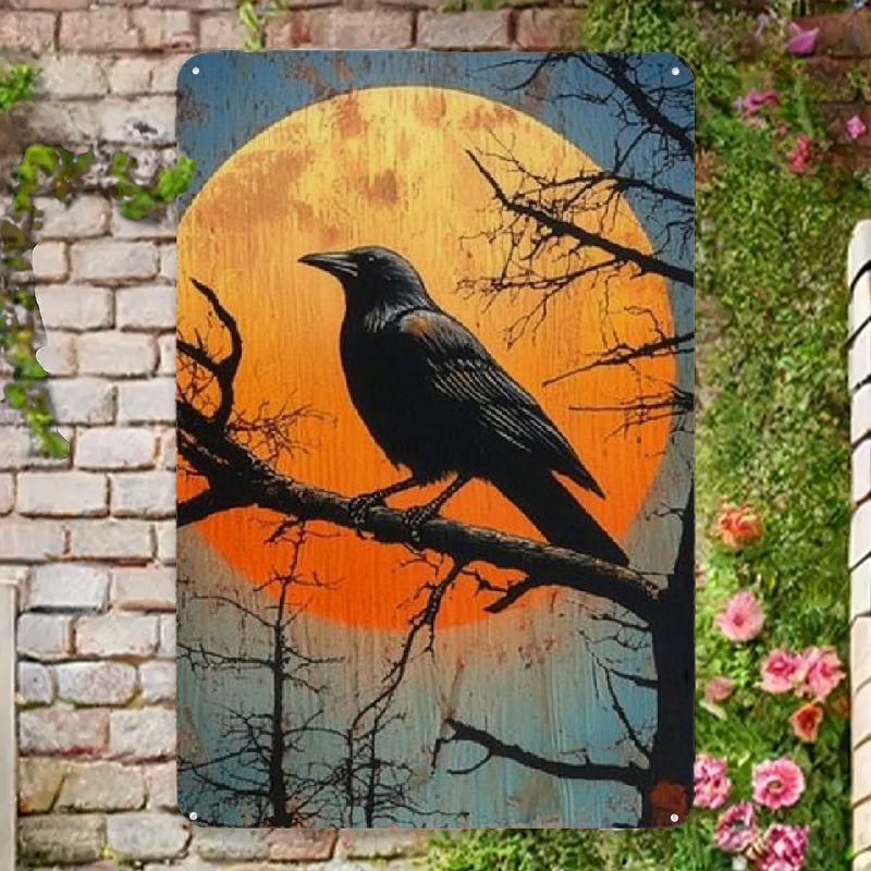 

YNLLOOFD inch Retro Halloween Tin Signboard Crow and Moonlight Tree Design Outdoor Indoor Weathering Metal Wall Art Suit 20x30cm