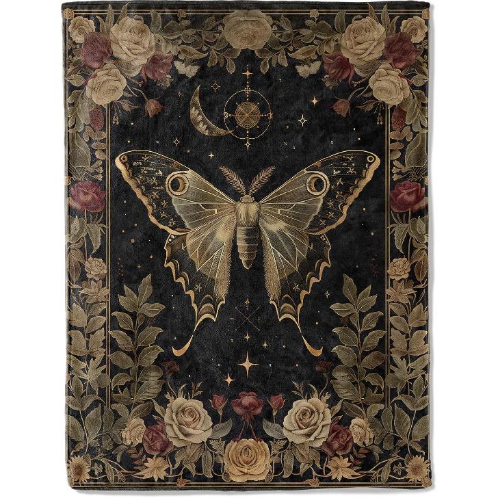 Gothic Moth and Rose Flannel Blanket - Mystical with Lunar Moon Vintage Throw - Lightweight Soft Cozy Gifts Blankets for Kids Adults & Nature