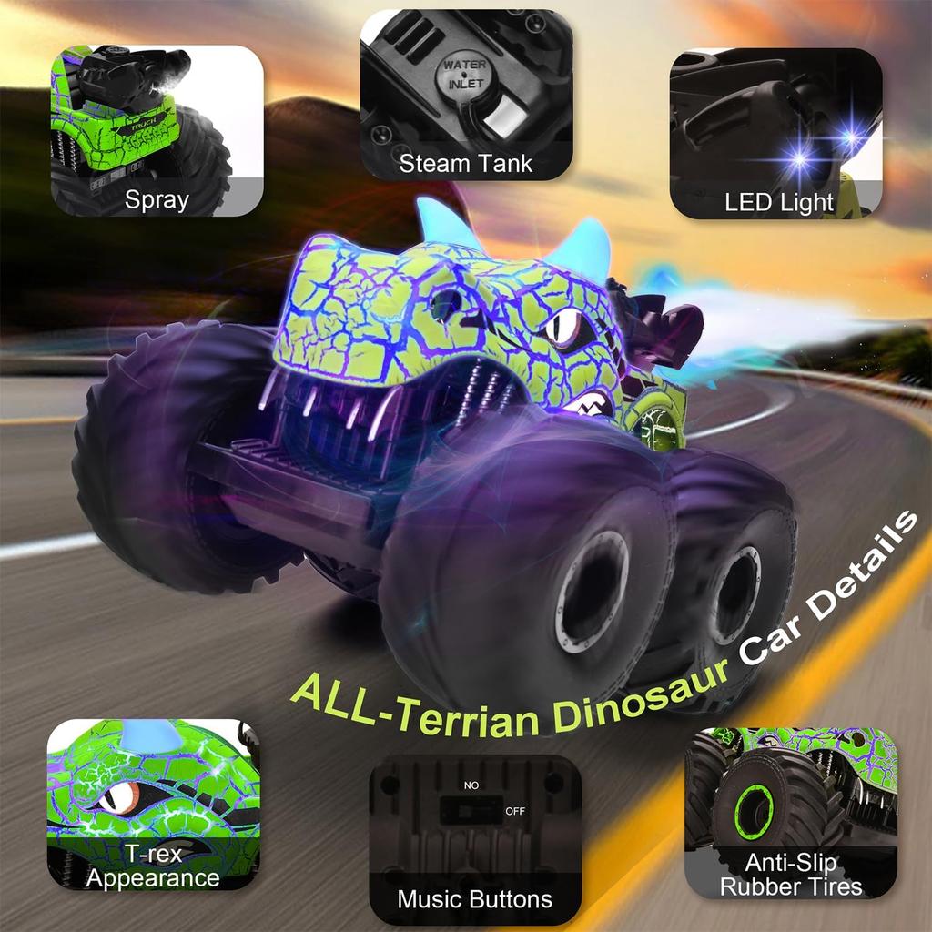 Remote Control Dinosaur Car Toys for Kid Boys, 2.4GHz RC Monster Truck Toys with Spray, Light, Sound, All Terrain Rechargeable Electric RC Car Toy,