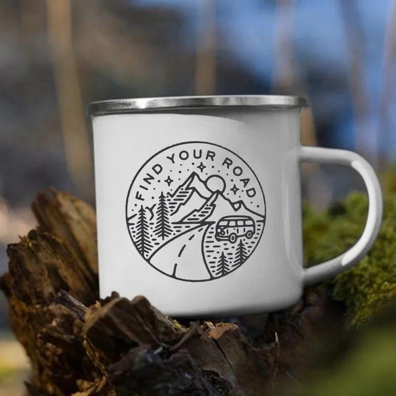 Stampa 'Le Montagne Aspettano' Tazza Smaltata Creativa Campeggio Caffè Tè Acqua Latte Tazze Manico Bicchiere Vacanza Escursionismo Regalo