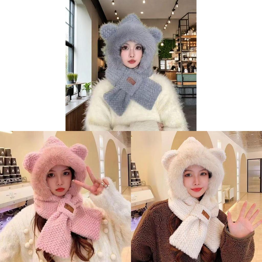Bear Hat Scarf Set For Winter Adults Warm Knit Windproof Earmuff Gloves Gift Idea
