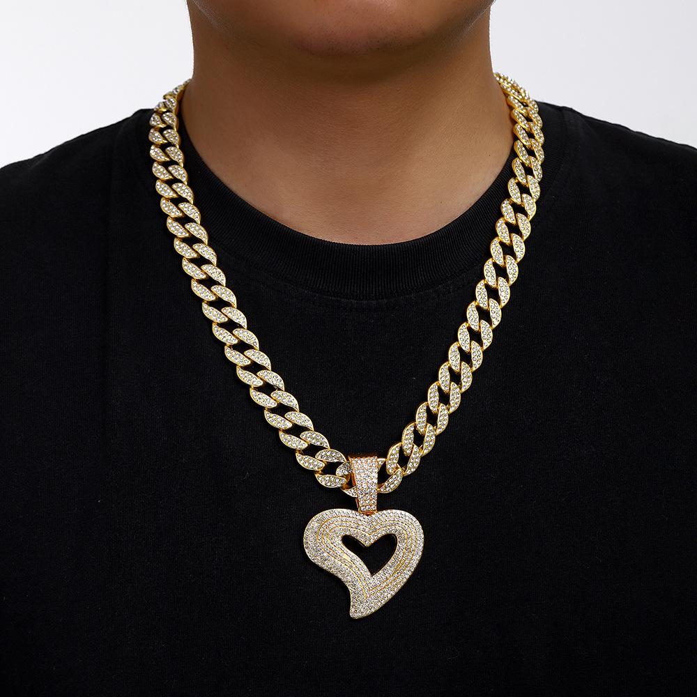 Hip Hop Alloy Full Diamond Fashion Heart Pendant Cuban Necklace Jewelry Temu Jewelry