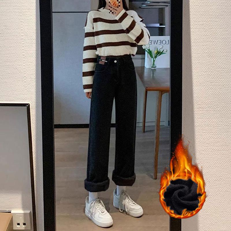 

Женские плюшевые джинсы с высокой талией и широкими штанинами - американский стиль, теплые и свободные для осени/зимы, маленькие размеры, прямые брюки длиной до пола M