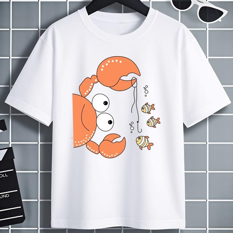 Kids Crab Fishing Fish Bubbles Print Crewneck Short Sleeve Tee 110 белый