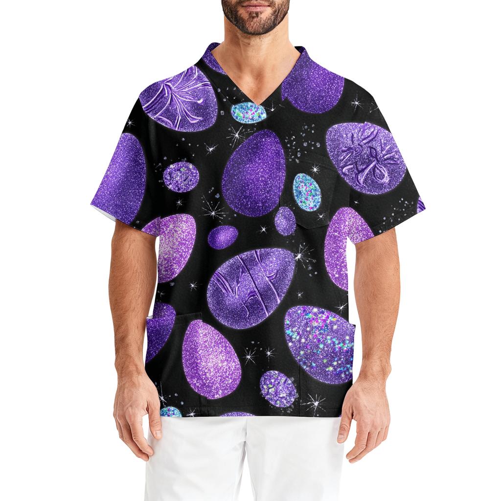 Men's Printing Short Sleeve V-neck Working Blouse Chest Pocket Carer Top